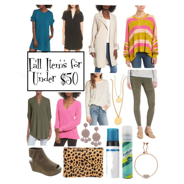 Ruffle Sleeve T-shirt Dress // Hailey Crepe Dress // Tie Sleeve Jacket // Free People Striped Pullover (other color) // Olive Roll Tab Sleeve Tunic // Pink V-neck Sweater // Striped Side Slit Tee // Layered Coin Necklace // Moto Leggings // Taupe Wedges // Leopard Print Pouch // Statement Earrings // St. Tropez Self Tan Bronzing Mousse // Batiste Dry Shampoo // Kendra Scott Bracelet