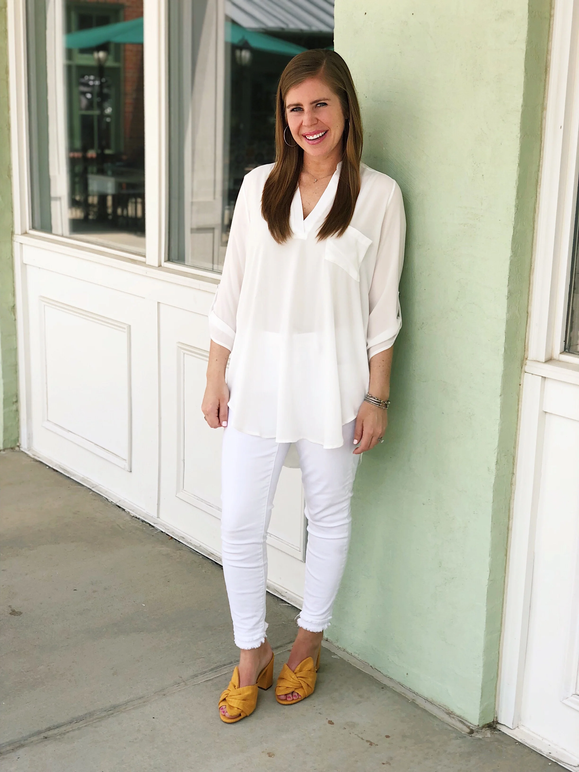 Roll Tab Sleeve Tunic- I have this tunic in black and white. It comes in lots of colors and is a closet staple that can be worn all year long! My shoes are on sale too! This color is no longer available, but they do come in 5 other colors. These shoes are similar and are also made by Sam Edelman. I want them in all the 5 pretty colors they come in.