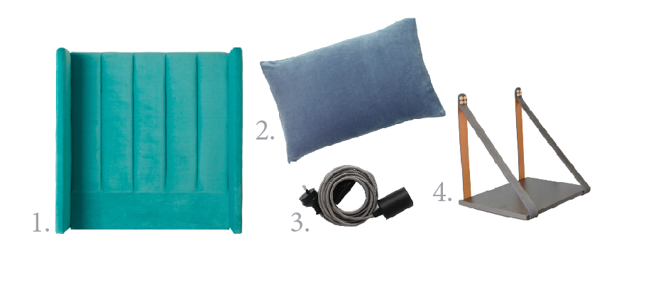 1. Incy Interiors velvet bedhead, $699; www.incyinteriors.com.au . 2. Castle dusty blue velvet pillowcase, $49 (50cm x 75cm); www.castleandthings.com.au . 3. Cheeky Reubens 'Bare Bones' light, $40; www.cheekyreubens.com . 4. H and G Designs suede strap side table, $190; www.handgdesigns.com . 
