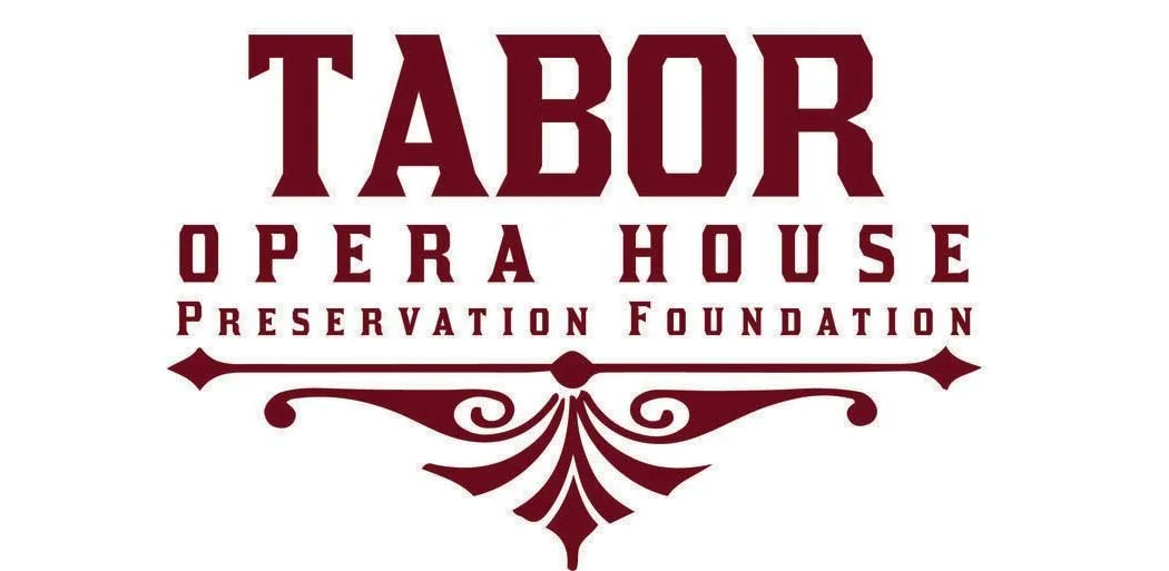 Tabor Opera House Preservation Foundation logo with maroon text and decorative elements.