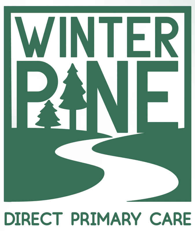 Logo for Winter Save Direct Primary Care with stylized snowflakes, a tree, and a snow-covered landscape.