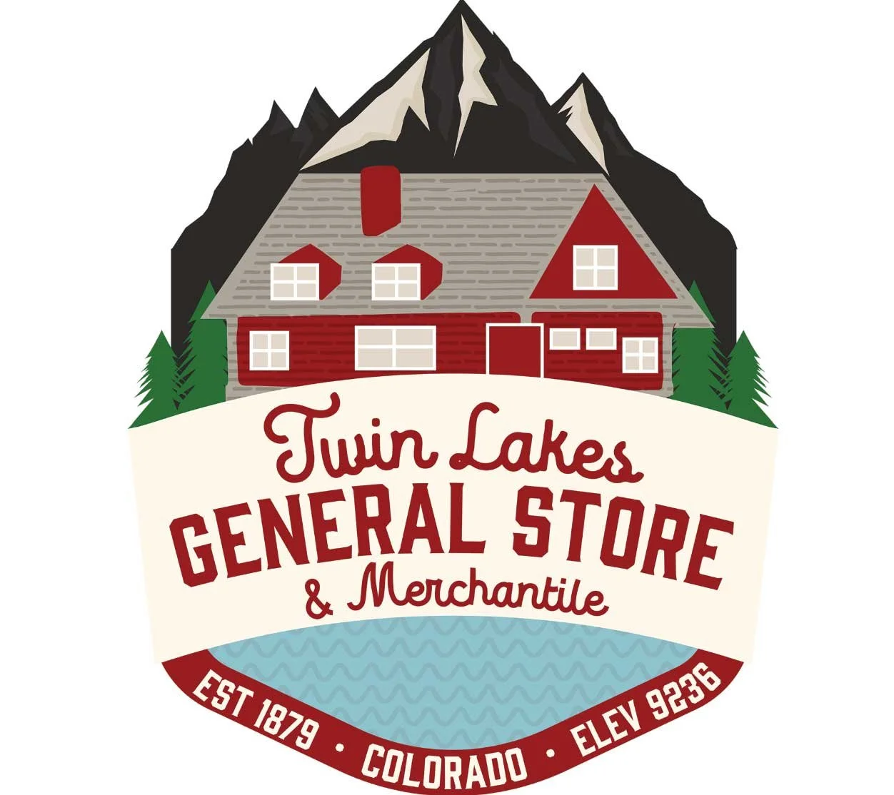 Logo for Twin Lakes General Store and Mercantile featuring a house with mountains, trees, and water, with text about the store's location in Colorado and establishment date.