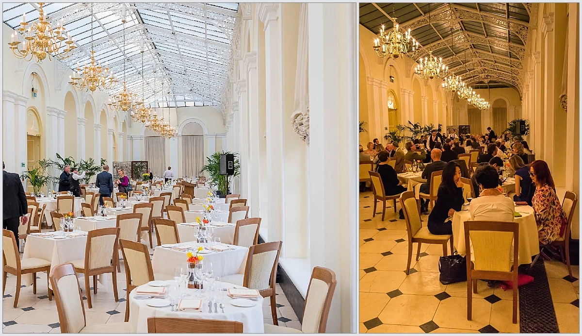 Notice how the light changes dramatically from daylight to evening, from clean crisp whites to subtly lit orange from the tungsten bulbs in the beautiful chandeliers.