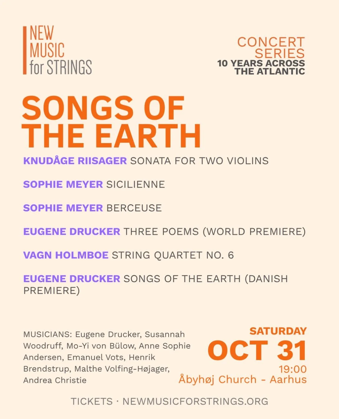 Songs of the Earth 🌍 
Aarhus, 31 October

As All Saints&rsquo; Day approaches, join us at &Aring;byh&oslash;j Kirke for an evening of music exploring the connections between nature, love, faith and the world around us.🍃

The concert brings together