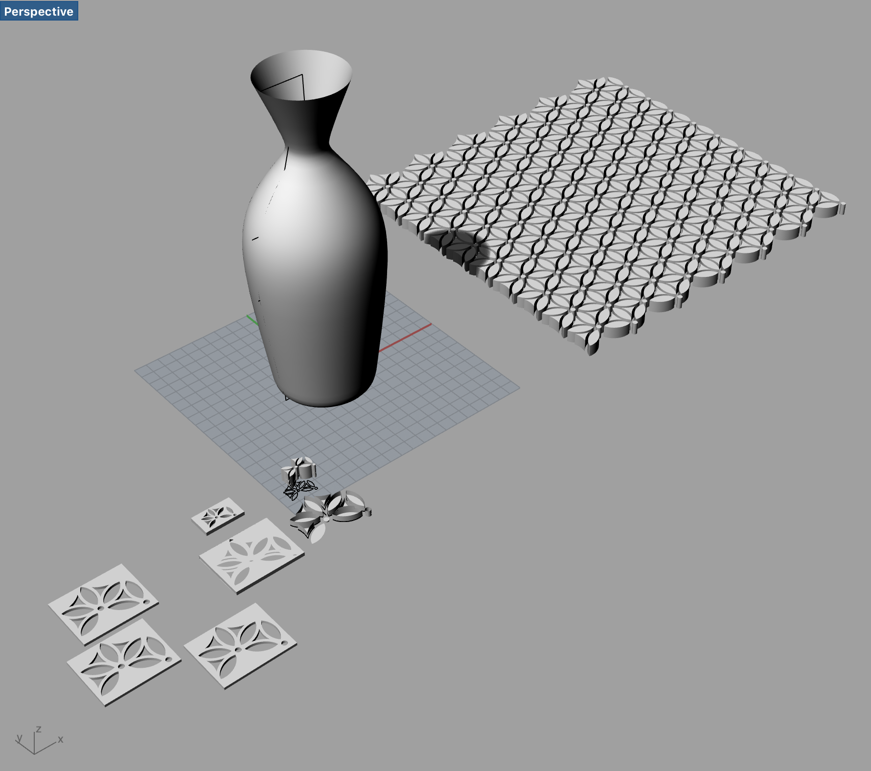 Experimenting with making inverse (negative) patterns. This shape above on the left is the unit cell. Draw lines, Extrude curves, Cap, Make cube, Boolean difference or split... to make the inverse pattern!
