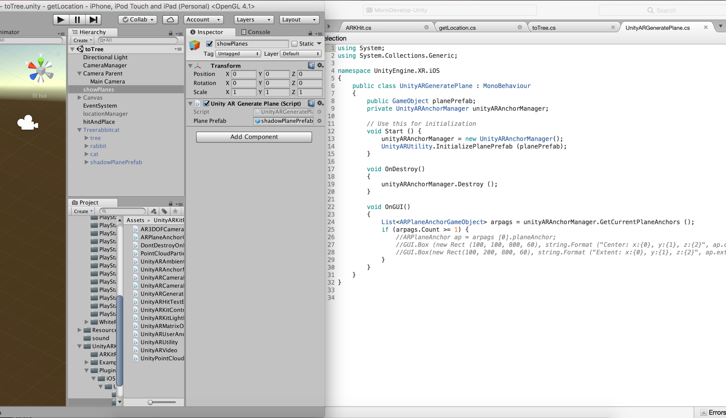 Code for generating a plane in the real world to position AR models