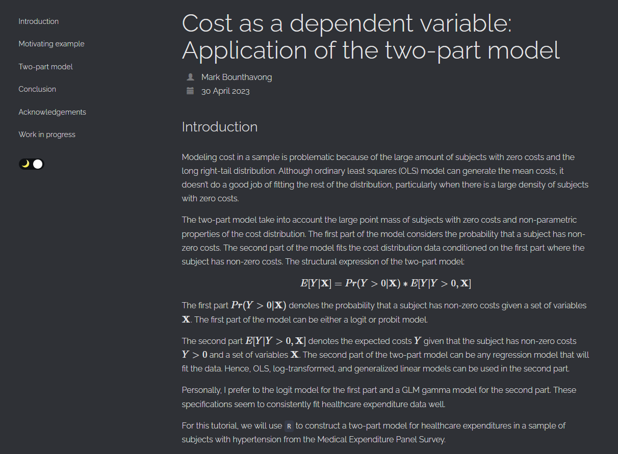 Two Part Model Two-part models in R - Application with cost data — Mark Bounthavong
