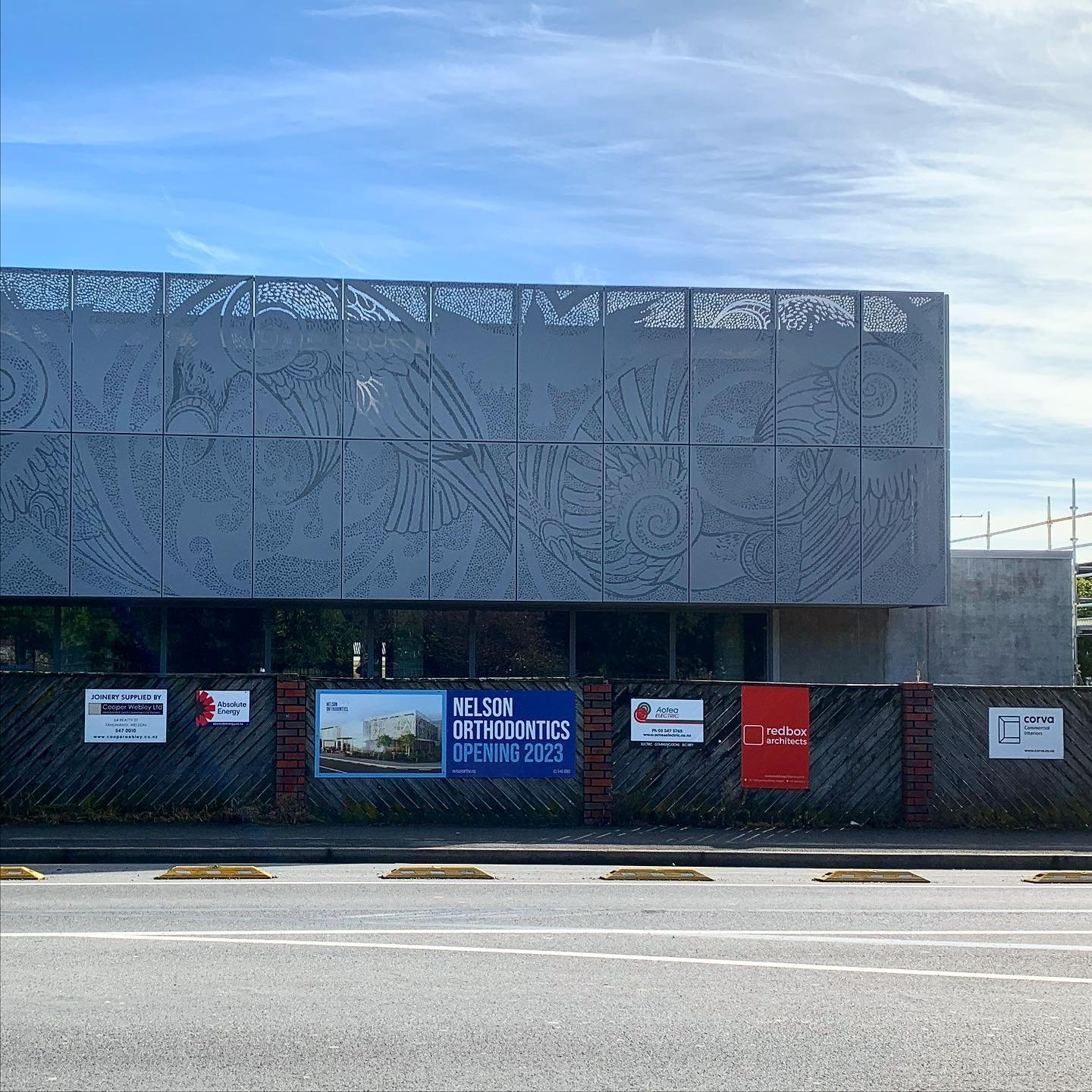 A big milestone at our @nelsonorthodonticsnz project in Richmond. The perforated aluminium screens featuring artwork by Golden Bay&rsquo;s Robin Slow have been installed. 

A massive effort by the teams at Coman Construction, @stainlessconceptsnelson