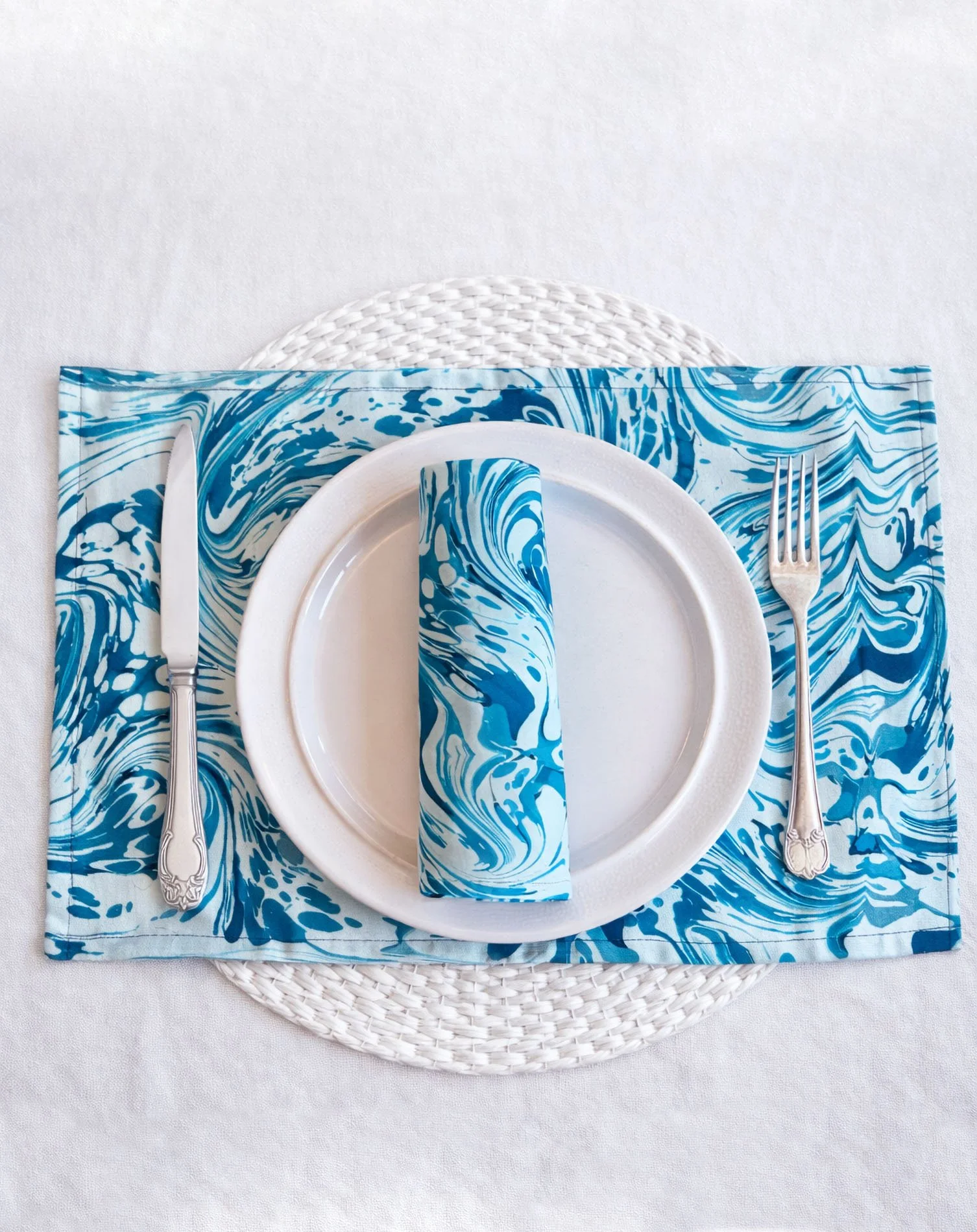 Midnight Ocean marbled cotton dining set with placemats napkins and runner handmade in Italy
