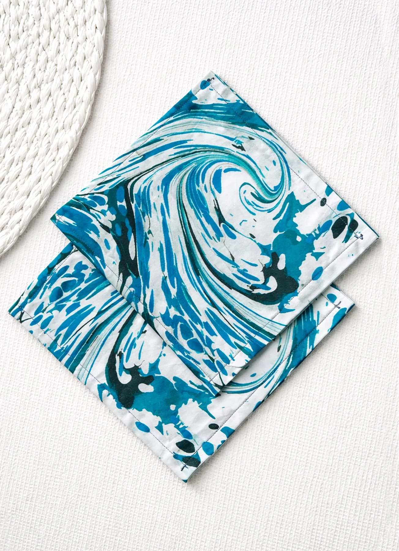 cotton cocktail napkins midnight ocean marbled blue fabric reusable table linen coastal design made in italy