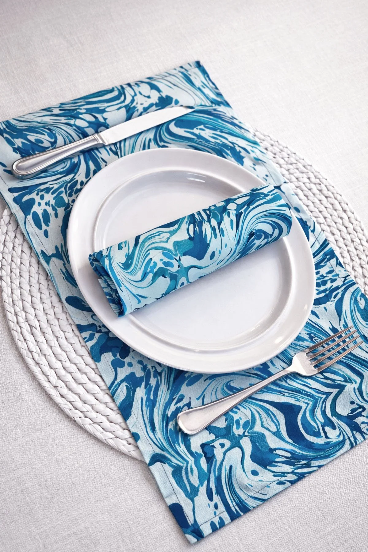 Set da tavola Midnight Ocean cotone marmorizzato tovagliette tovaglioli runner Italia