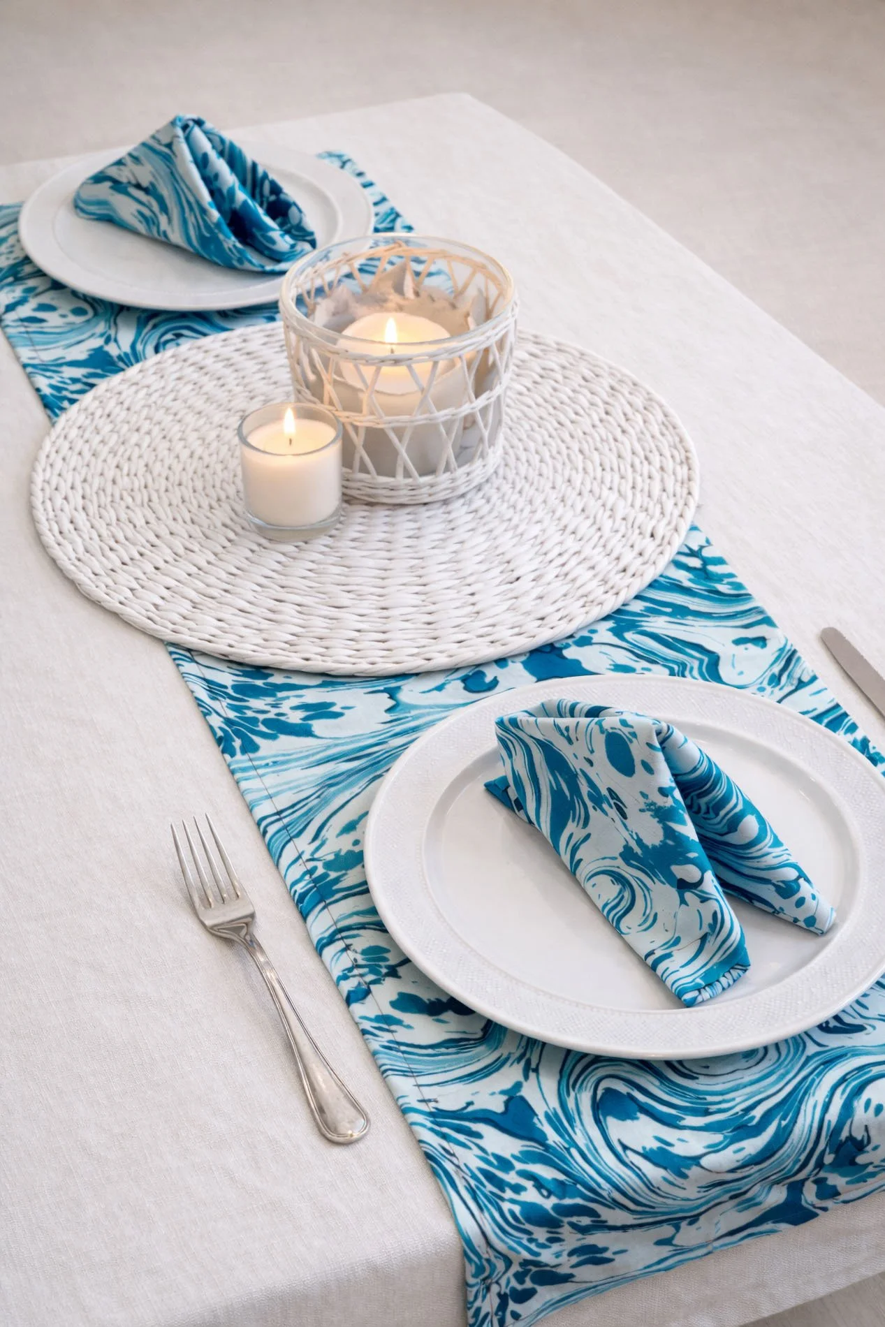 blue marbled cotton dining set