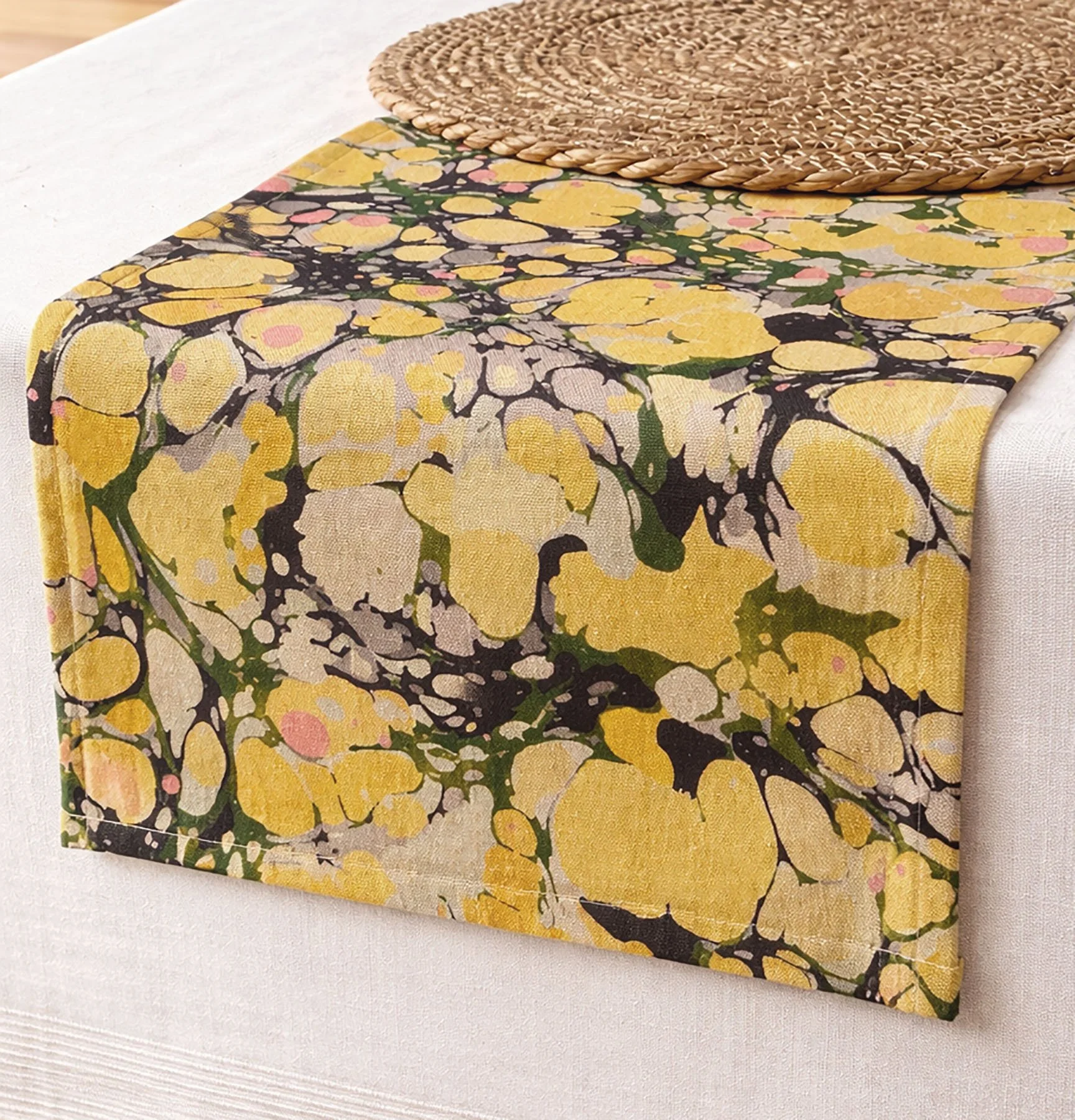 Marbled cotton table runner in forest green and golden tones, La Forestina design, handmade Italian table linen