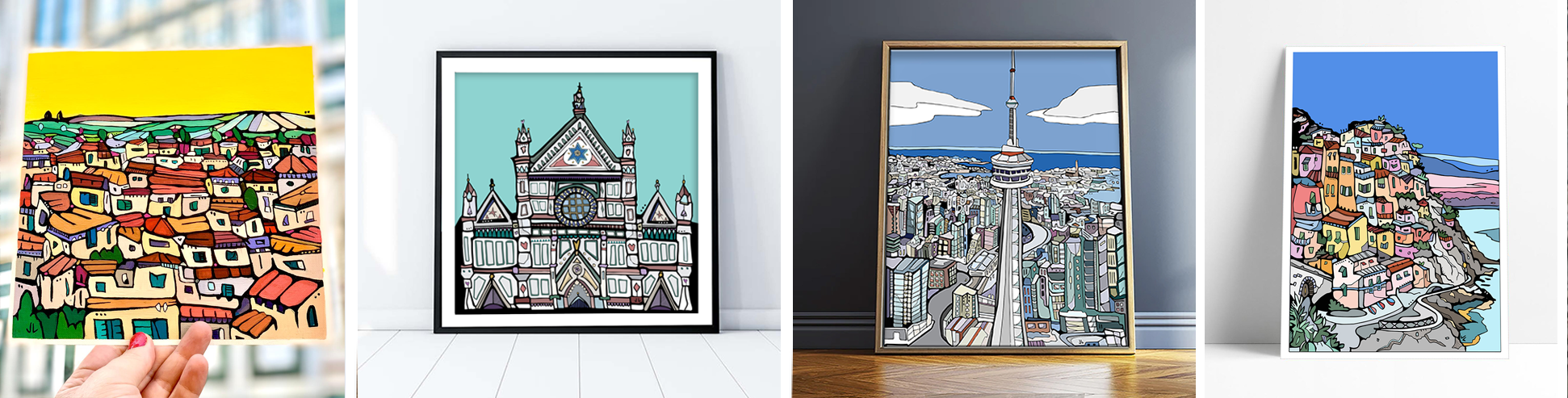 original artwork and prints celebrating italian landscape and architecture in colourful designs. modern florentine prints and illustrations wall art