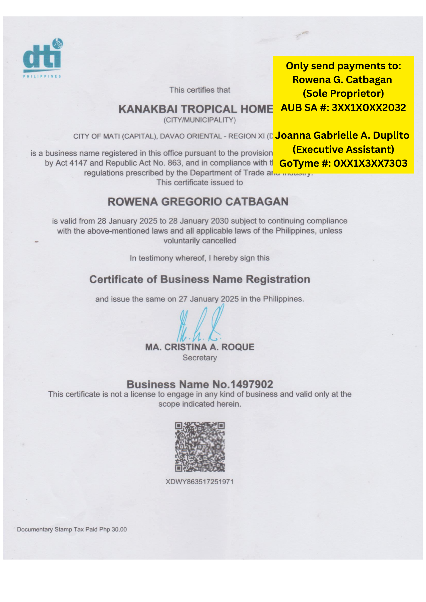 A certificate of business name registration issued in the Philippines for Kanakbai Tropical Homes, valid from January 28, 2025, to January 28, 2030, with a QR code at the bottom.