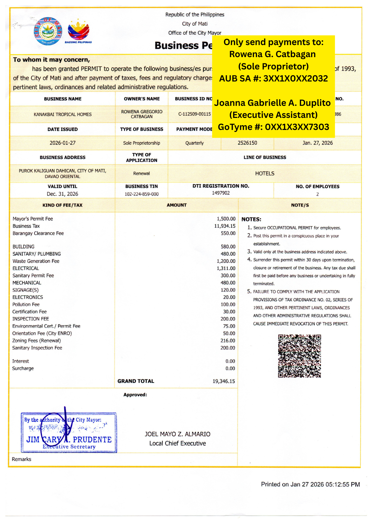 Official business permit document from the City of Mati, Philippines.