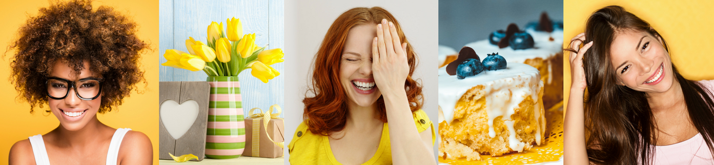 Three smiling women, yellow flowers, blueberry cupcakes