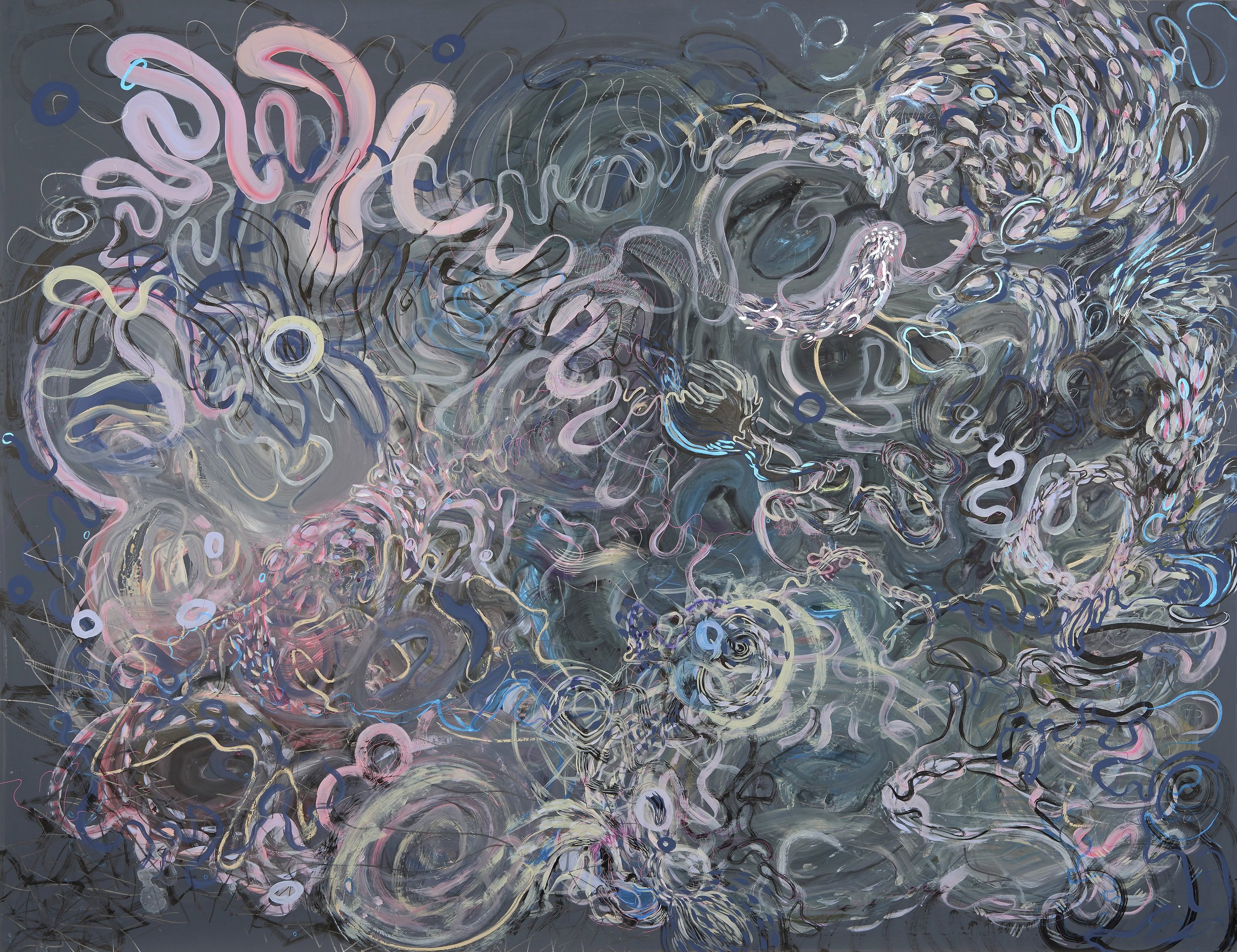 Paola Oxoa Losing Yourself , 2017, gesso, ink, gouache, and graphite on mylar, 46 x 60 in.