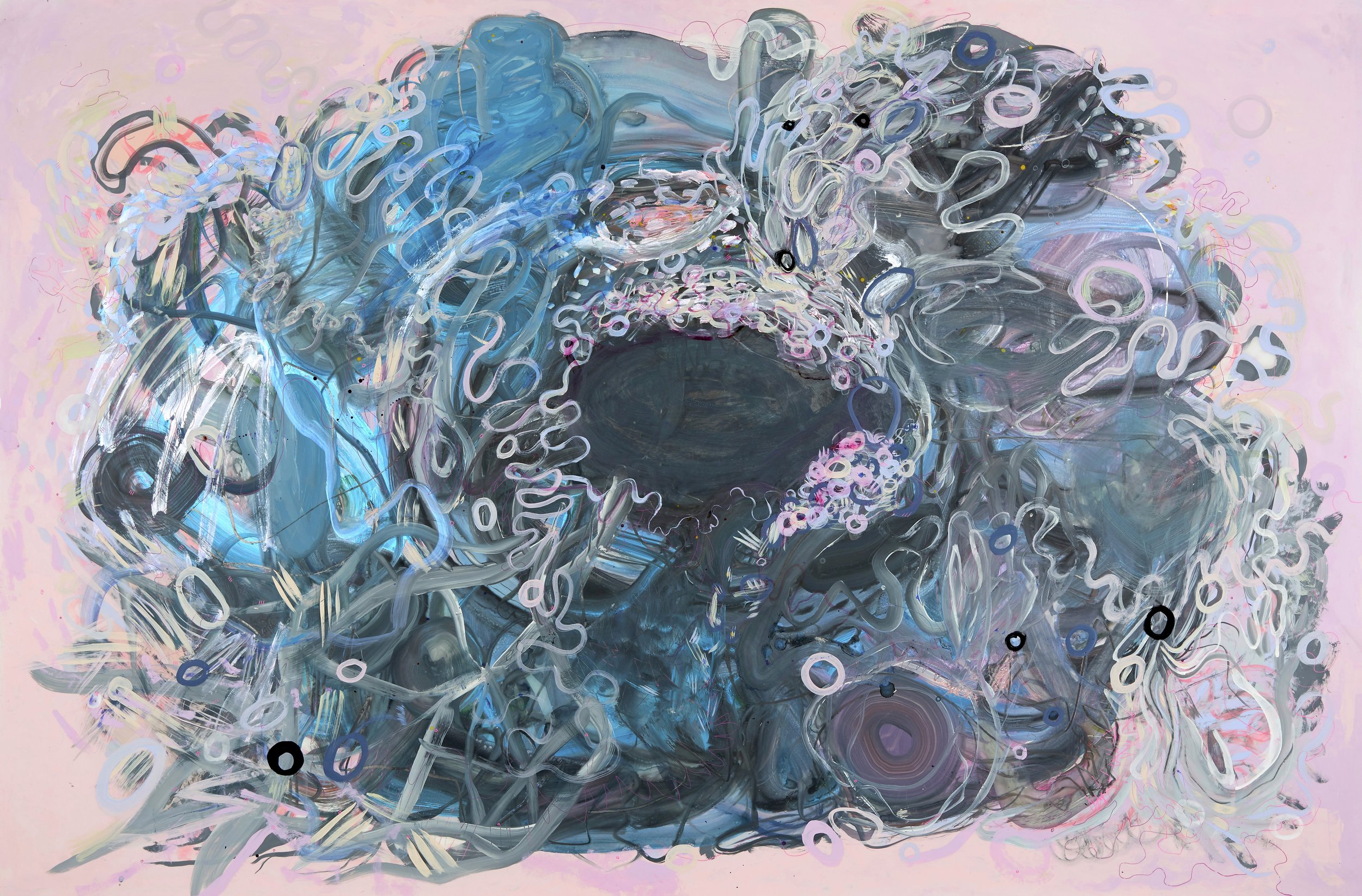 Paola Oxoa Deeper Longing, 2017, gesso, ink, gouache, and graphite on mylar, 40 x 60 in.