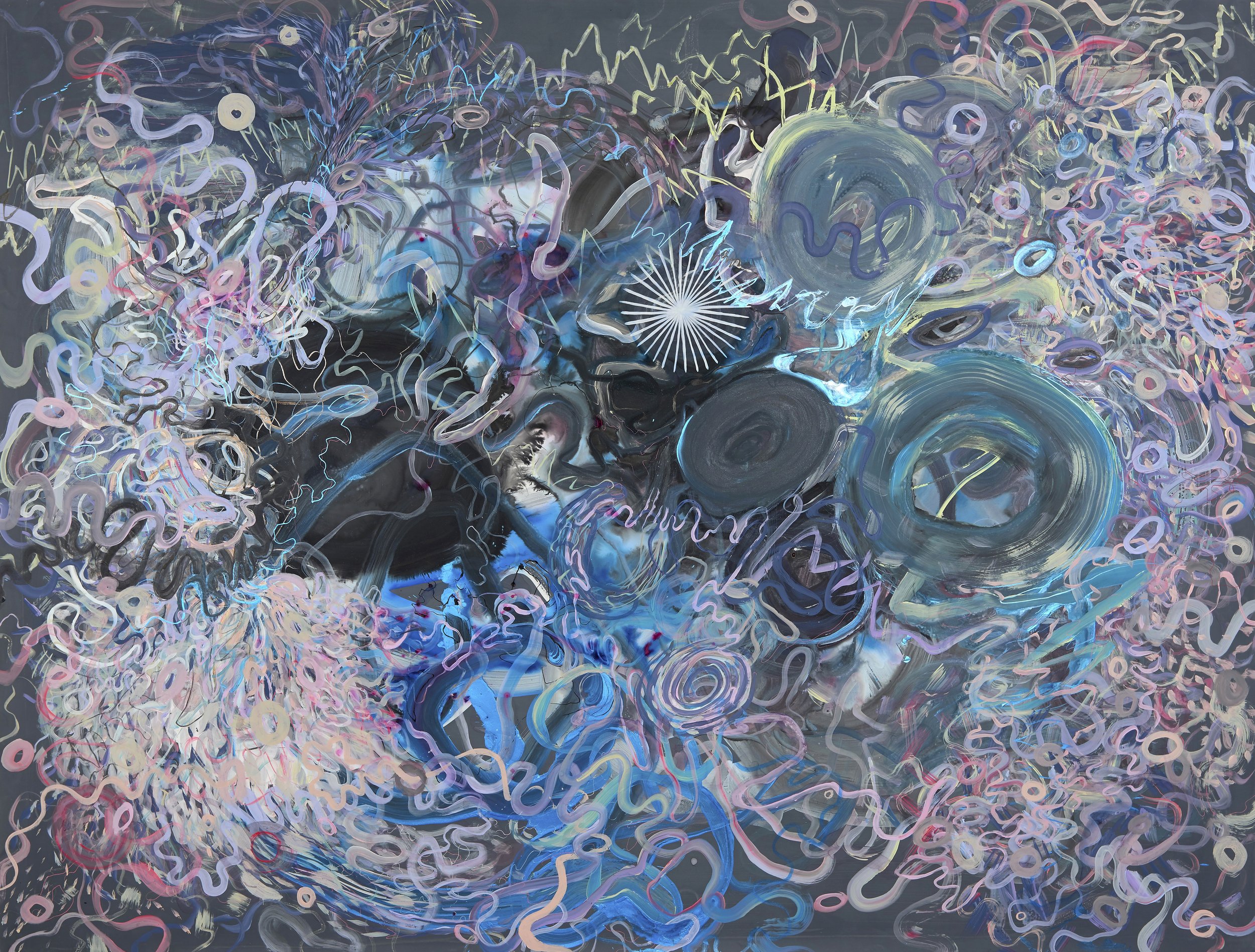 Paola Oxoa The Jumping-off Place to The Ocean of Transcendence , 2018, gesso, ink, gouache, and graphite on mylar, 46 x 60 in.