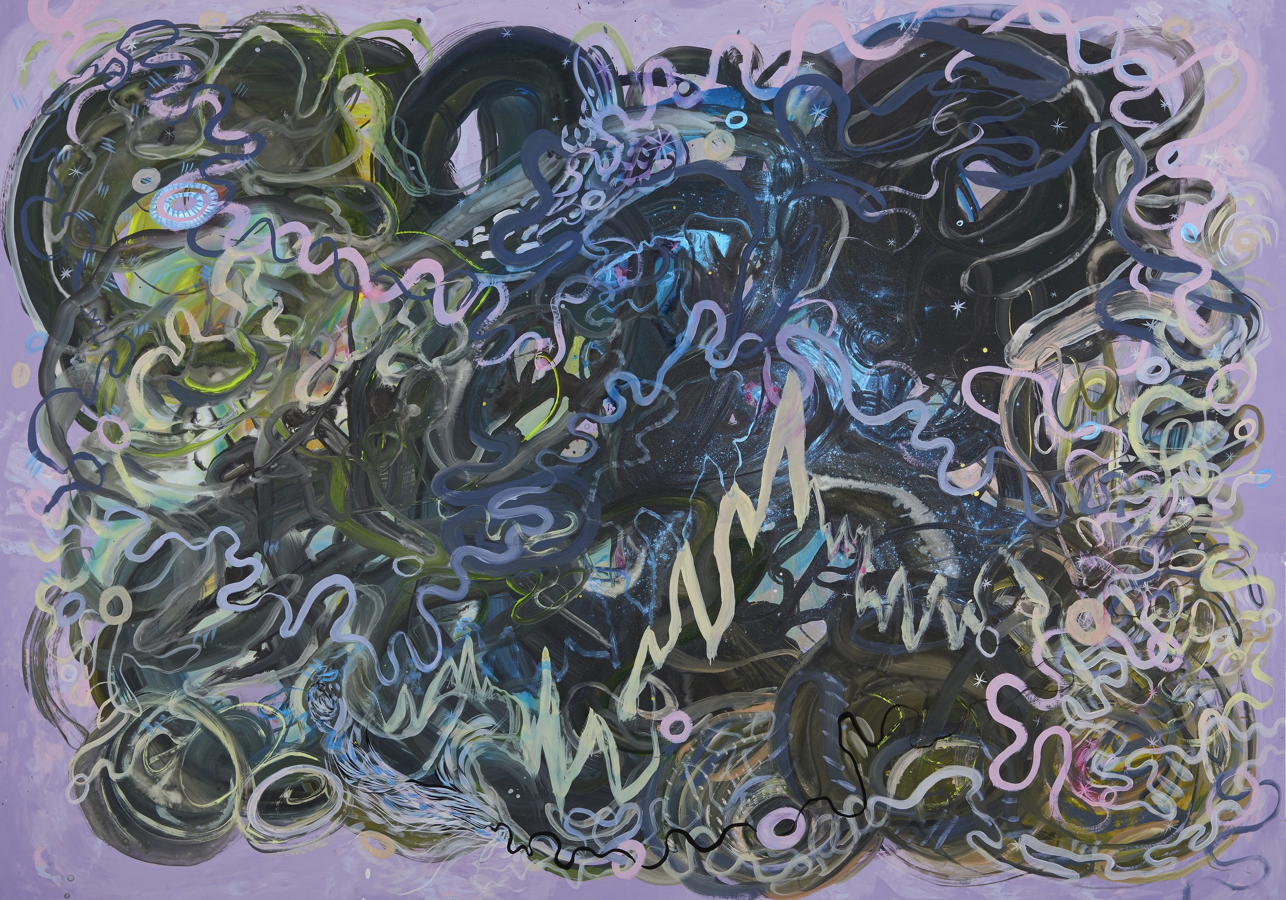 Paola Oxoa In the nick , 2017, gesso, ink, gouache, and graphite on mylar, 42 x 60 in.