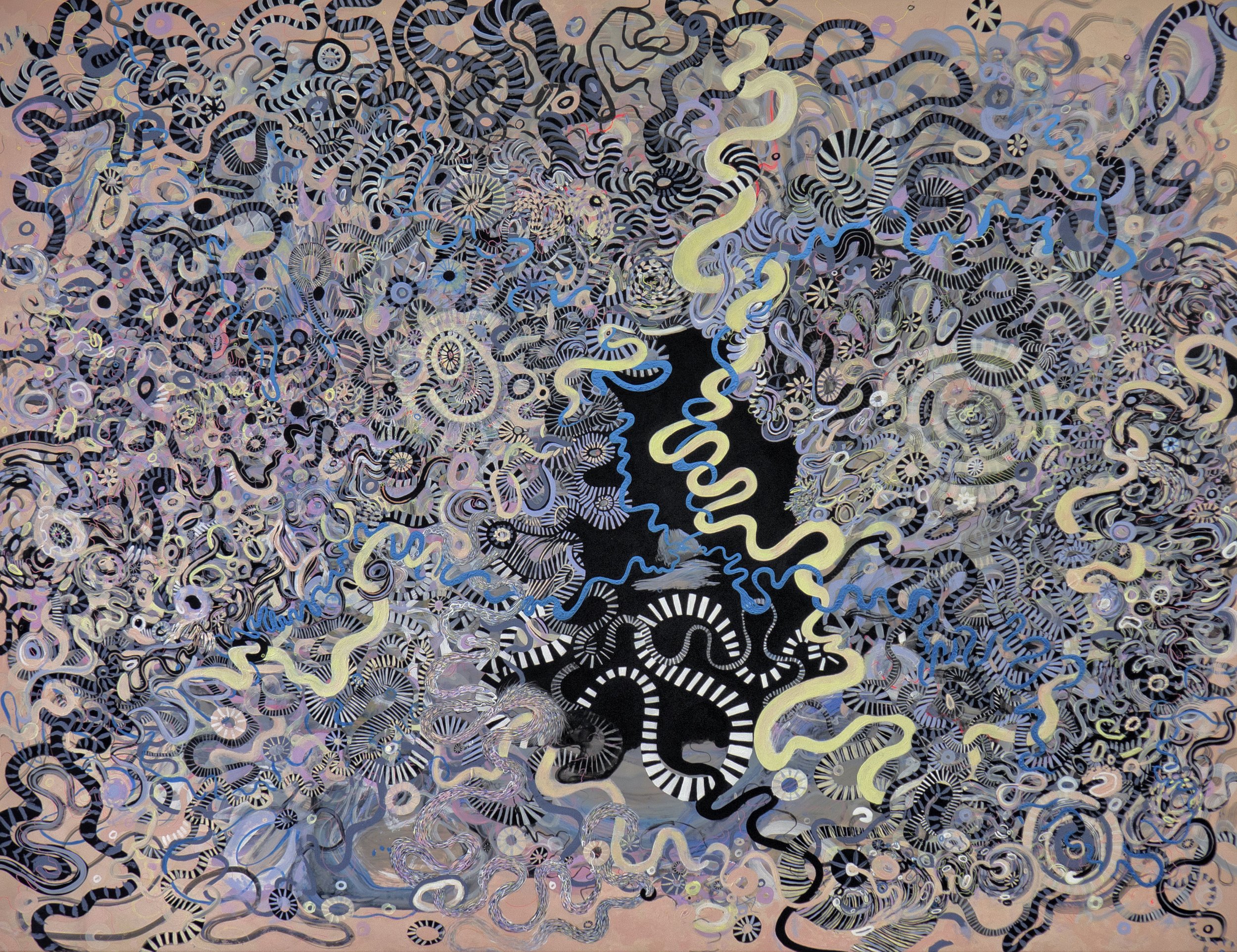 Paola Oxoa Island of The Sun (Thrinacia) , 2017 - 2019, gesso, ink, gouache, and graphite on mylar, 46 x 60 in.