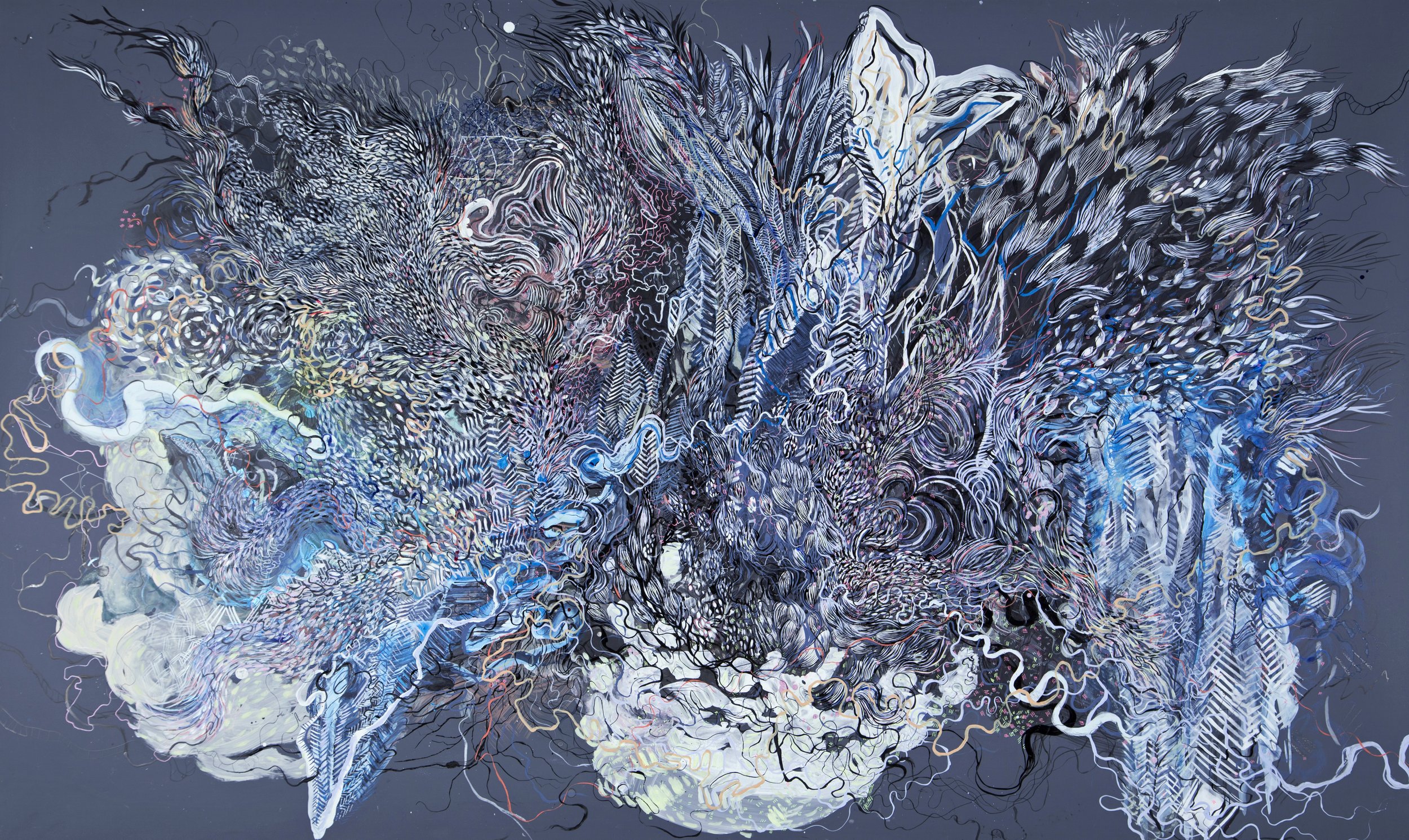 Paola Oxoa, A drawing for the past, 2012, ink and gouache on mylar, 36 x 60 in. (91.44 x 152.4 cm)