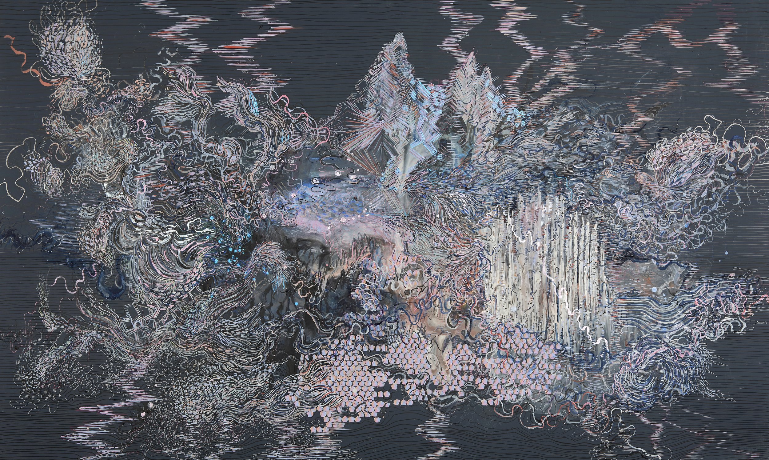 Paola Oxoa, A drawing for the future , 2012, ink and gouache on mylar, 36 x 60 in. (91.44 x 152.4 cm)