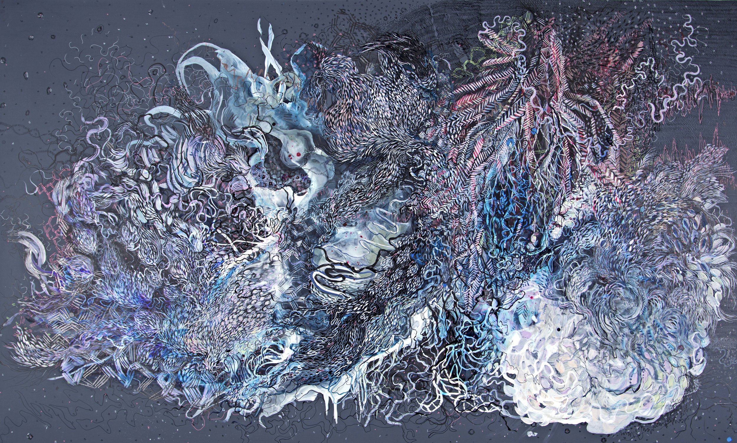 Paola Oxoa, A drawing for the present , 2012, ink and gouache on mylar, 36 x 60 in. (91.44 x 152.4 cm)