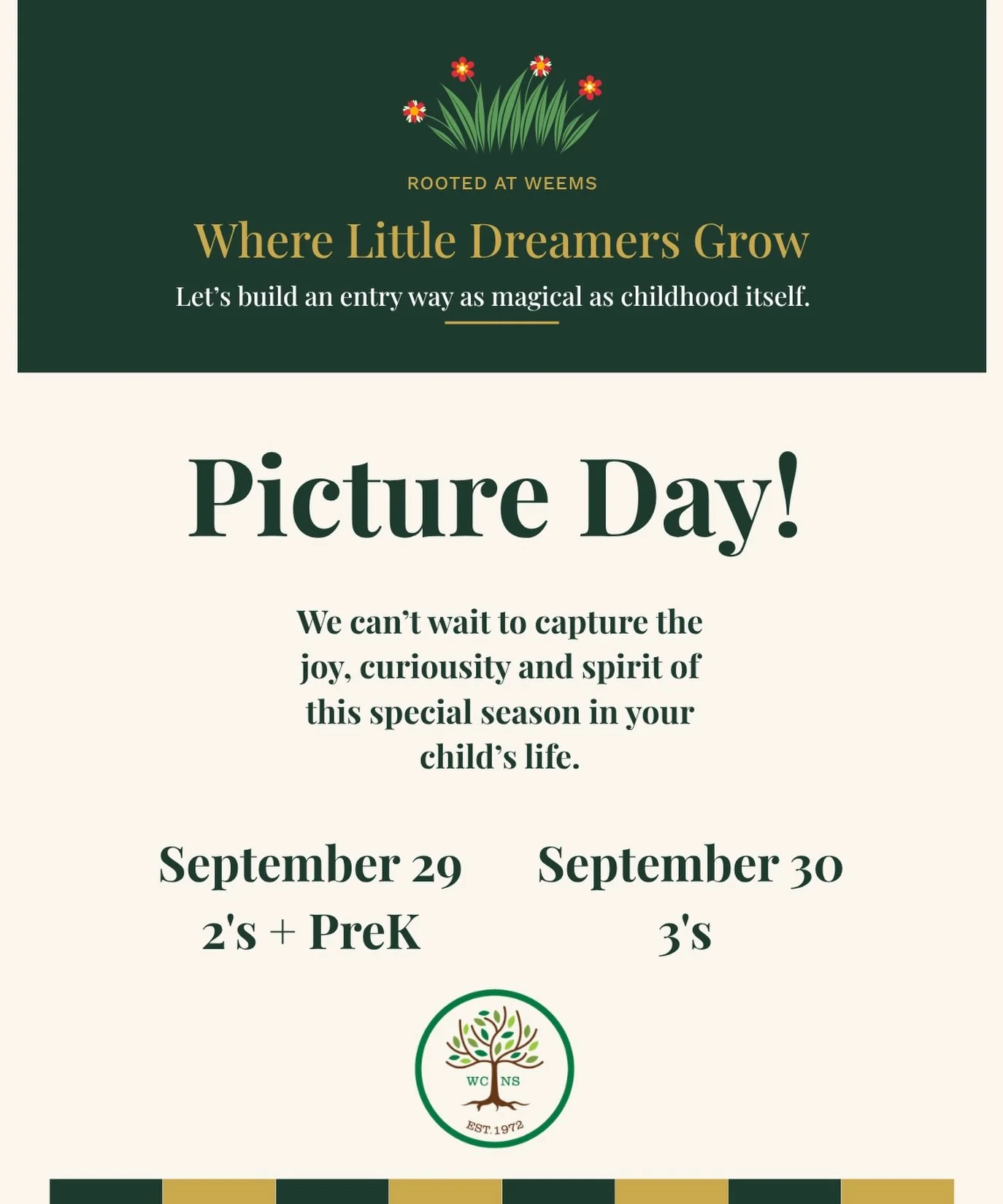 UPDATE: PREK AM + PM will be on Tuesday, September 29, along with the 2&rsquo;s!