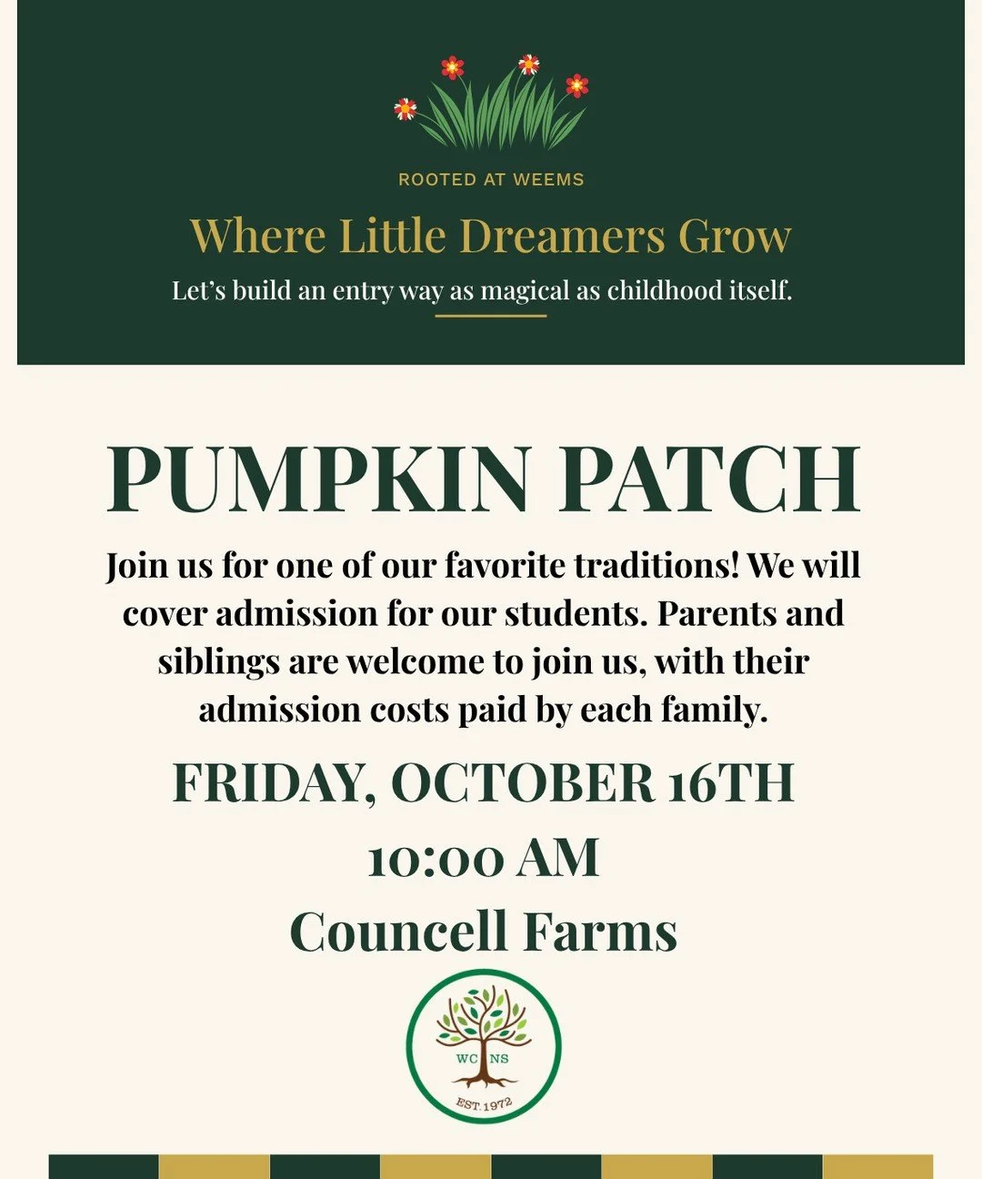 Councell Farm Field Trip ⁠
This will be our first trip to Councell Farm. Please meet us there at 10am on October 16th. ⁠
⁠
WEAR YOUR WEEMS GEAR! ⁠
ADDRESS: ⁠
11773 Old Skipton Rd, Cordova, MD 21625 ⁠