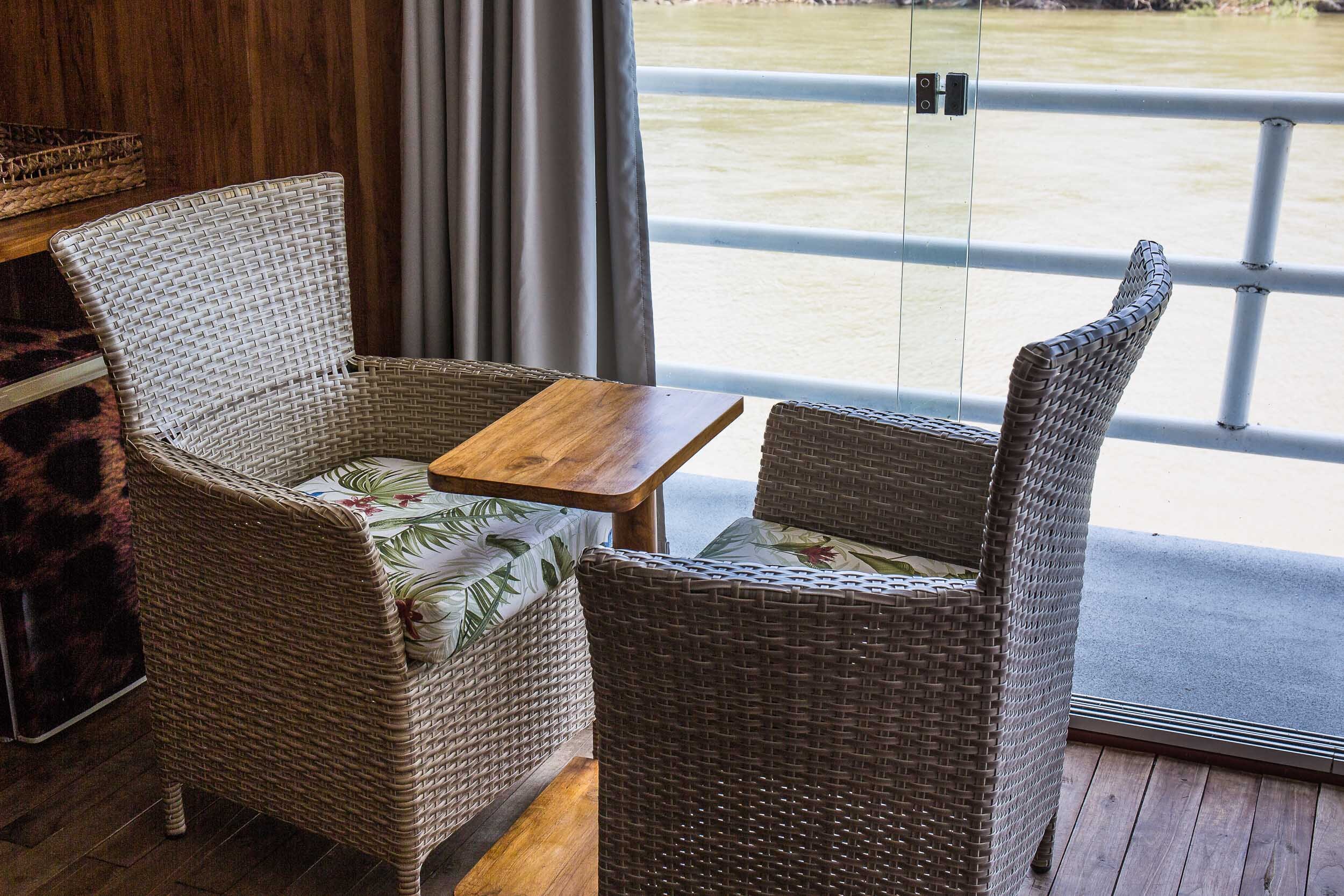 Coffee table &amp; chairs, Jaguar Suite, SouthWild Jaguar Flotel, Pantanal, Brazil