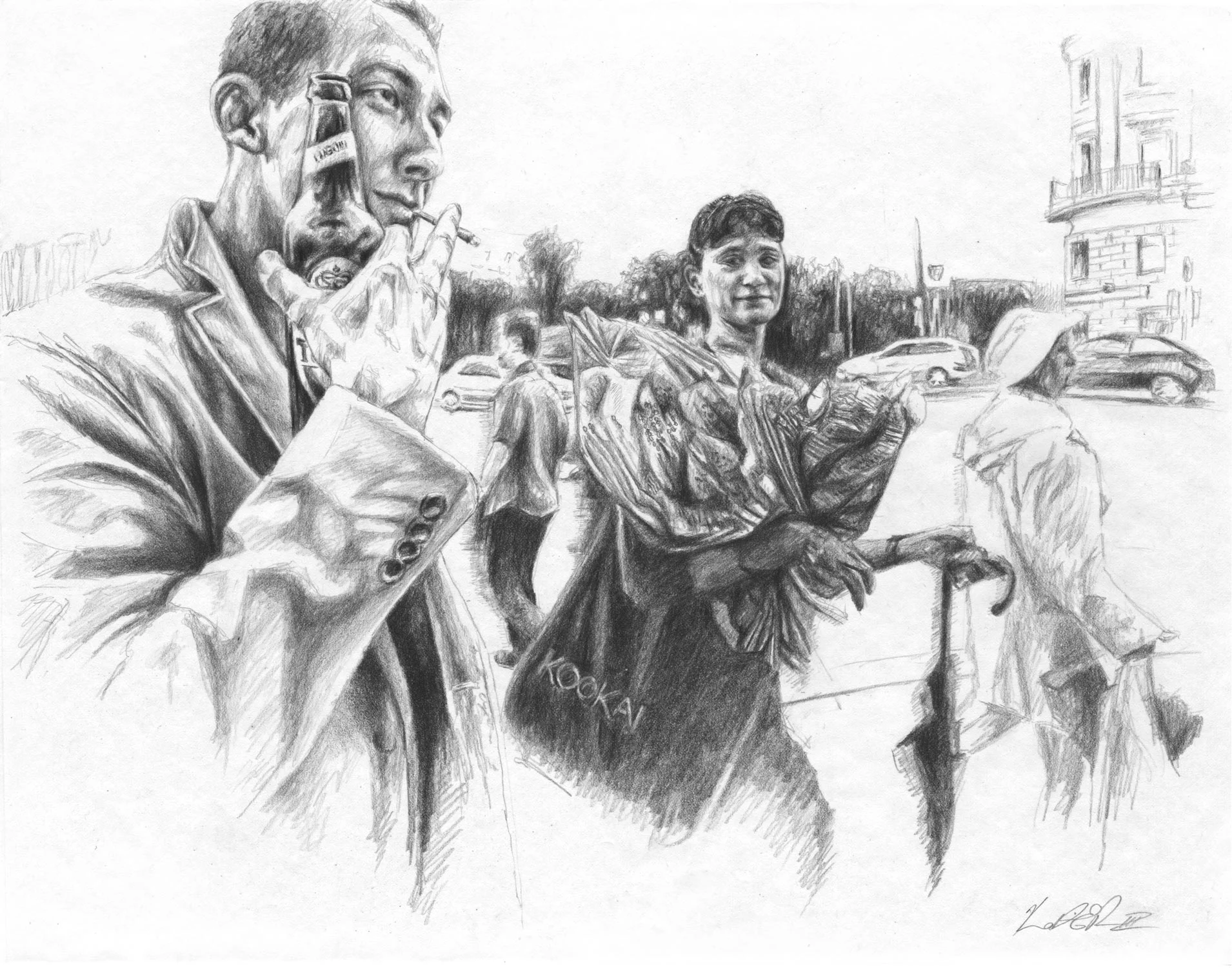 Dylan & Emma Walking To Dinner, Moscow Graphite on Paper 14in x 11in