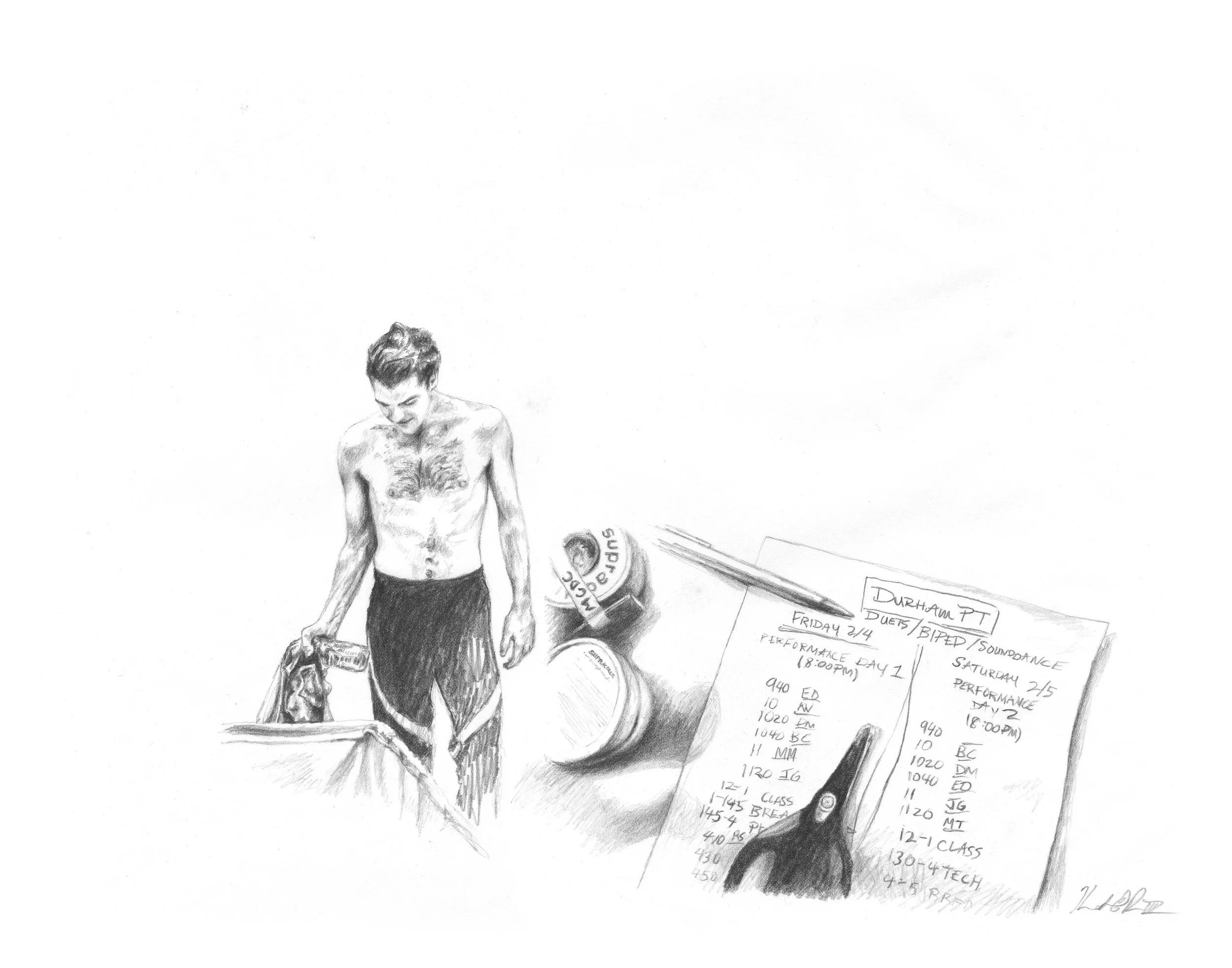 Silas & Physical Therapy Schedule Graphite on Paper 14in x 11in