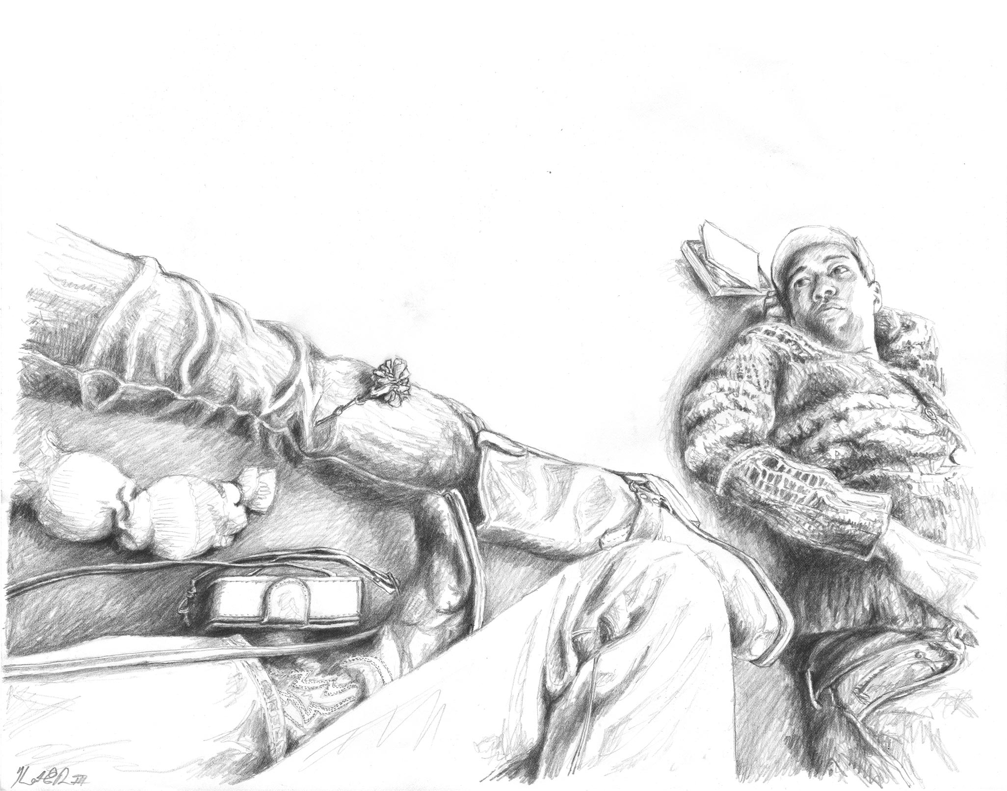 Waiting At Airport, Austin Graphite on Paper 14in x 11in