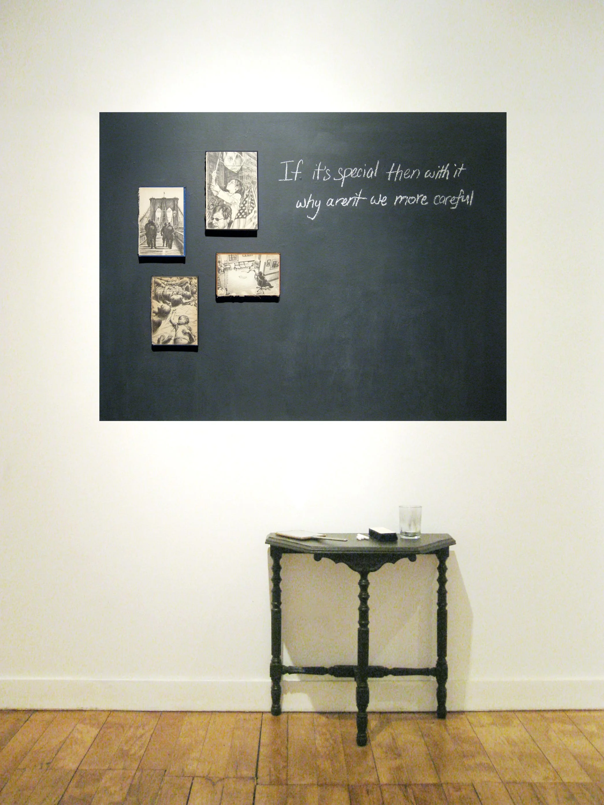 Please Pronunciate Mixed Media Installation: Graphite drawings inside book covers, chalkboard wall, handheld mirror, chalk, eraser 51in x 78in x 12in deep