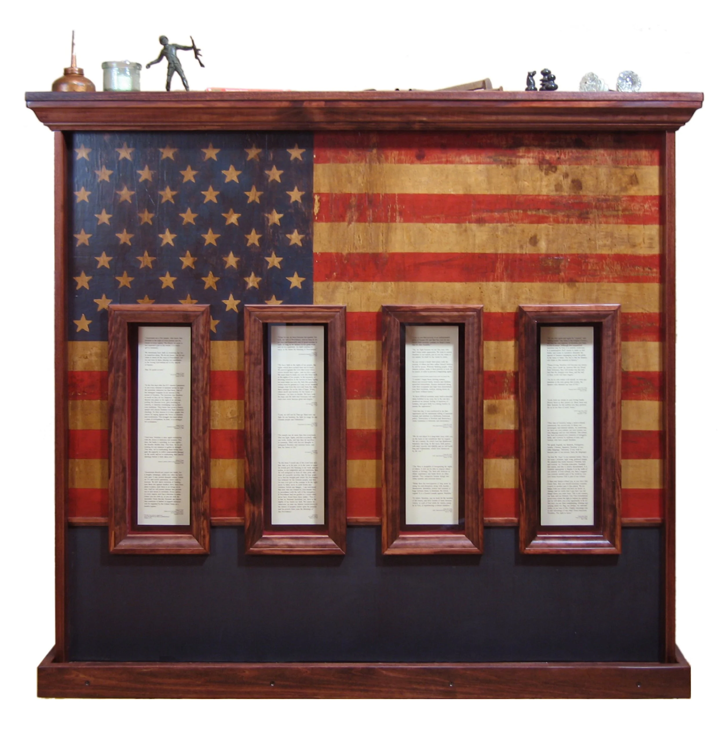 Believing Too Much Too Easily Mixed Media Installation: Cabinet with chalkboard and speech selections from George W. Bush, Adolf Hitler, Osama bin Laden, and American Extremists 52.5in x 47.5in x 7.25in deep