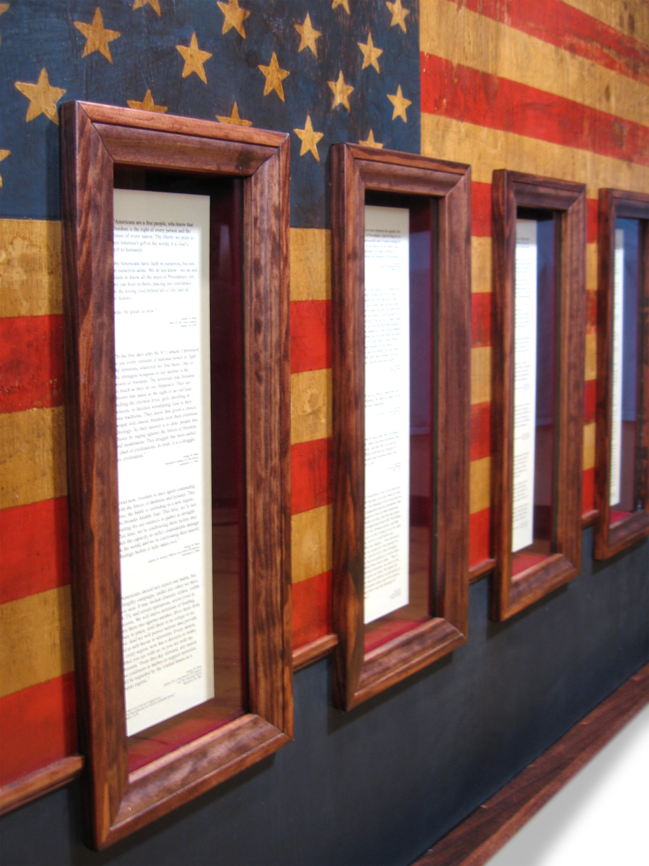    Believing Too Much Too Easily  &nbsp;Detail view of speech selections float mounted in glass cabinet lined with velvet 