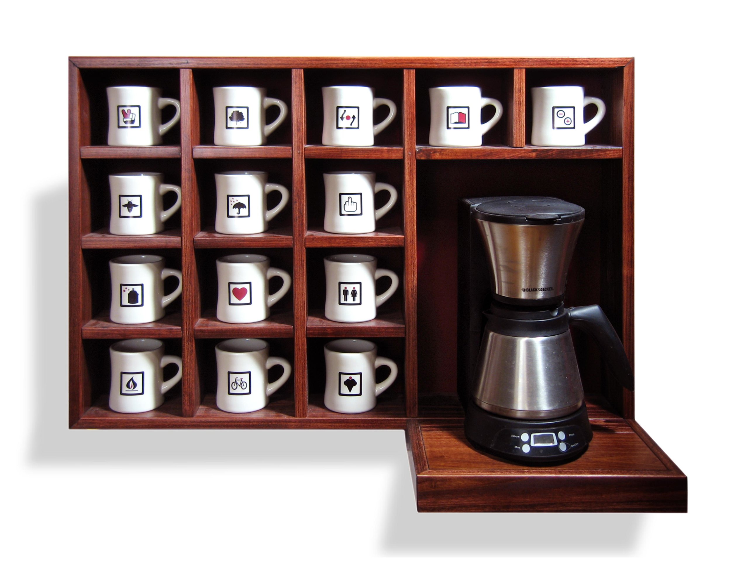    A New Foreign Policy   Mixed Media Installation: Cabinet with coffee maker and mugs 34.5in x 25in x 14in deep 