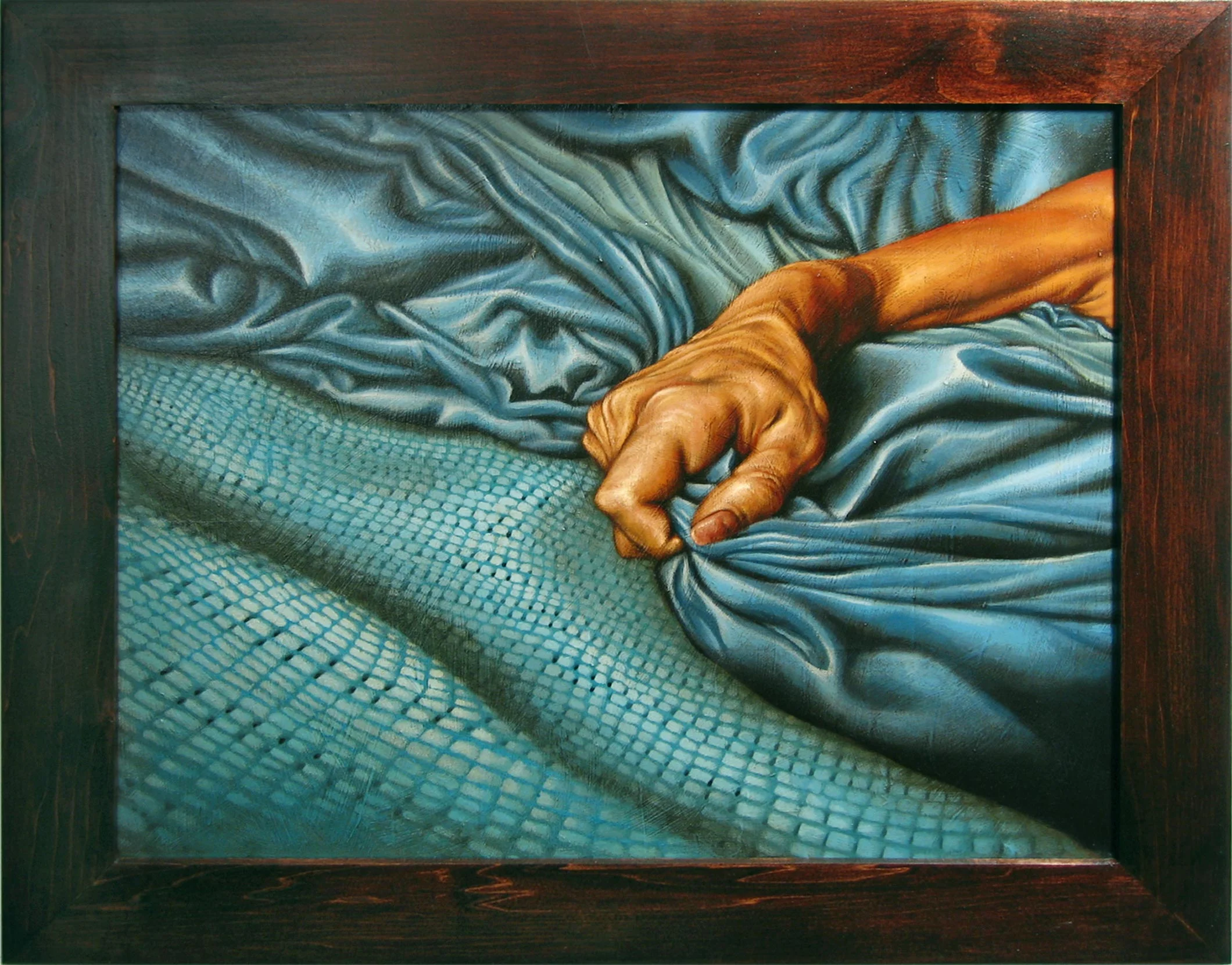 Hand Grasping Bedding Mixed Media Painting 22in x 18in