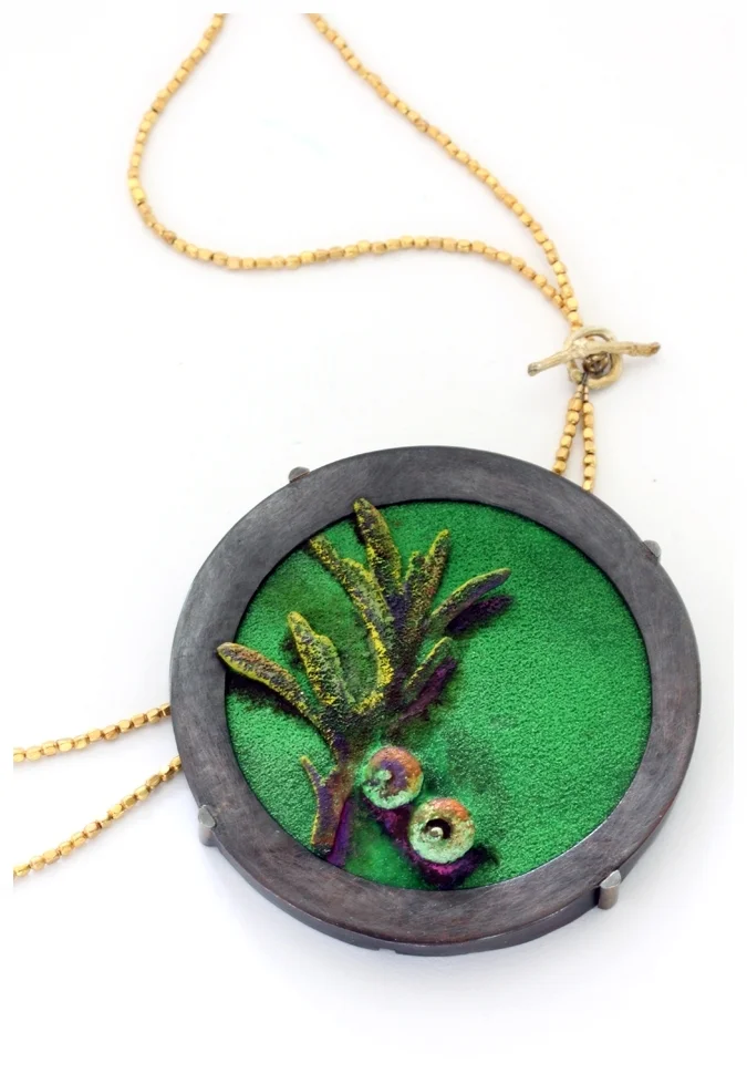 Backyard Portrait, Spring copper, vitreous enamel, sterling silver, bronze, mixed media