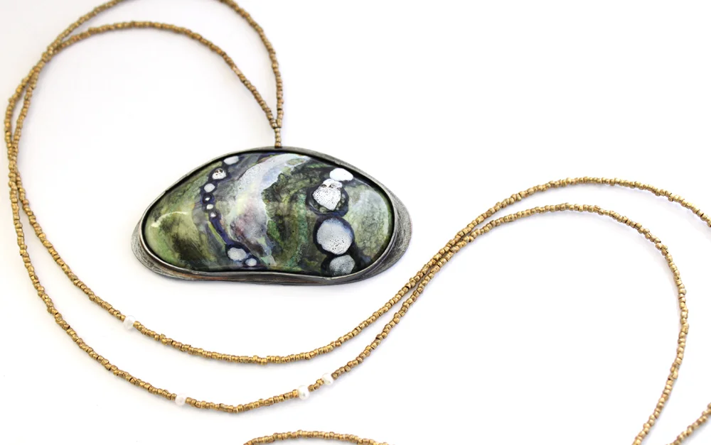 Pocket of Maine copper, vitreous enamel, sterling silver, brass, pearl, patina