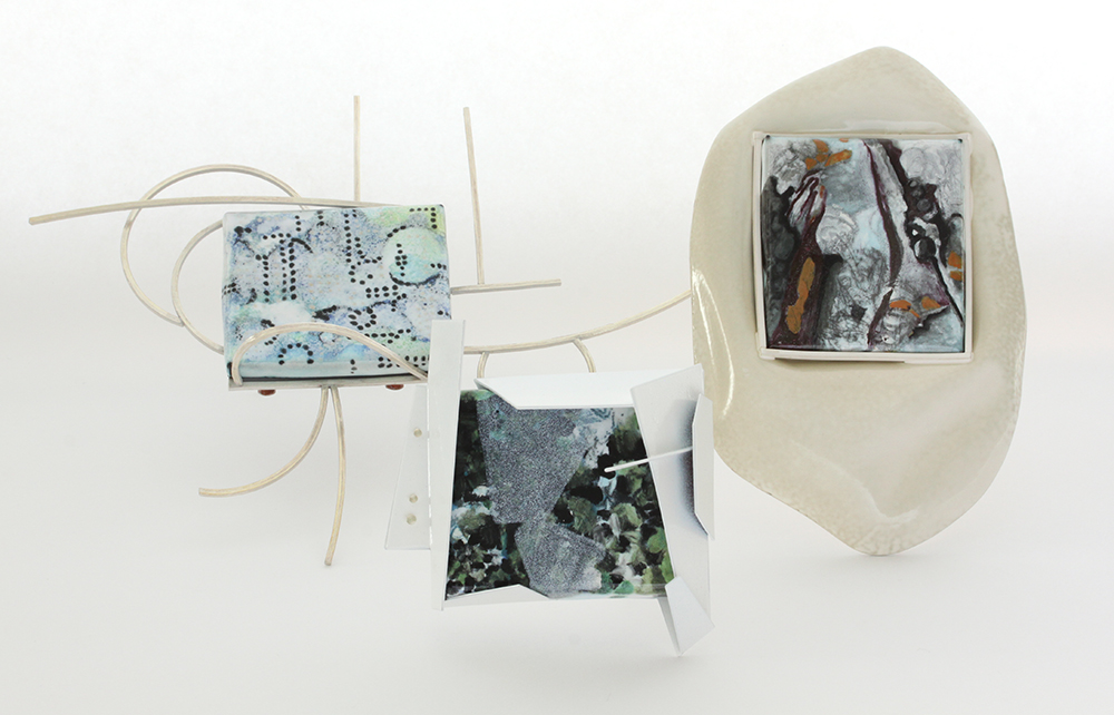 Brooches: Sense of Place I, II, and III copper, vitreous enamel, sterling silver, powder coat, acrylic