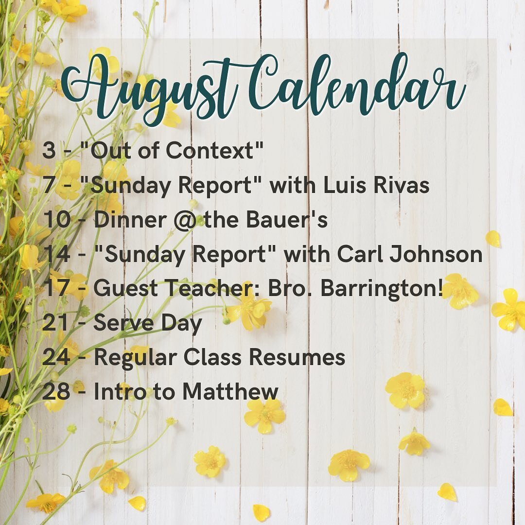 It&rsquo;s the calendar you&rsquo;ve all been waiting for!! 🗓

Here&rsquo;s our schedule for this month:

3 - &ldquo;Out of Context.&rdquo; We&rsquo;ll be looking at verses in the Bible commonly taken out of context, and what they really mean. 

7 -