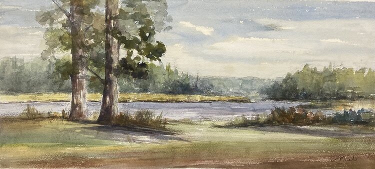 SOLD - LT River View, Plein Air Watercolor, 10 X 22"