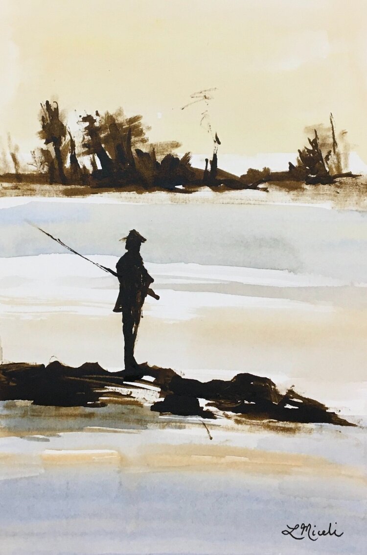 SOLD - The Fisherman, Ink and Watercolor