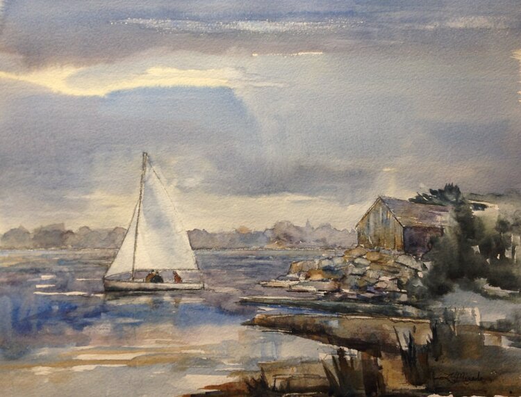 SOLD- Returning, Jones Boat Yard, Watercolor, 11 X 14"