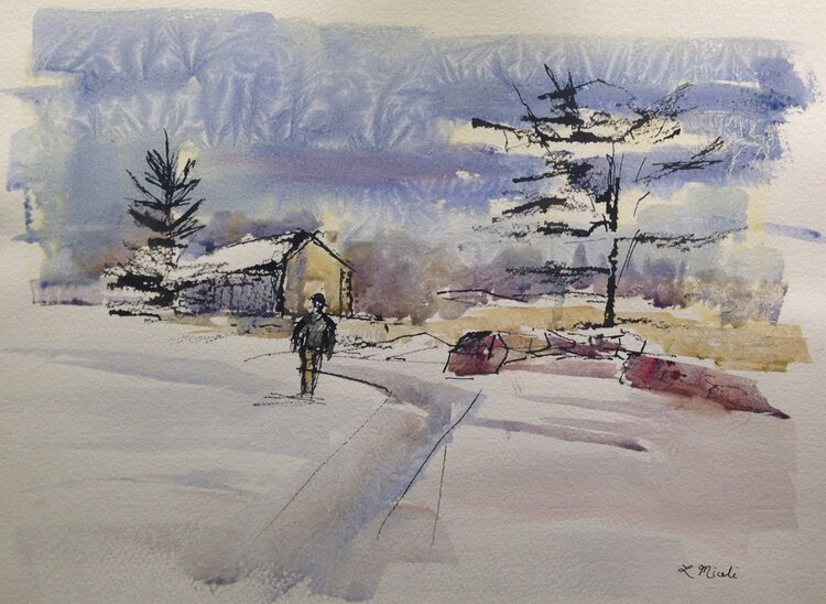 SOLD - Frozen Sky, Plein Air Ink and Watercolor