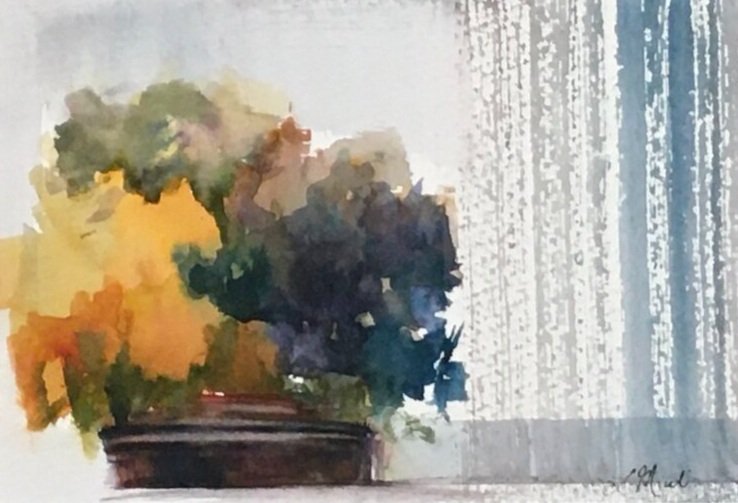 Through the curtains, Watercolor, $250 framed