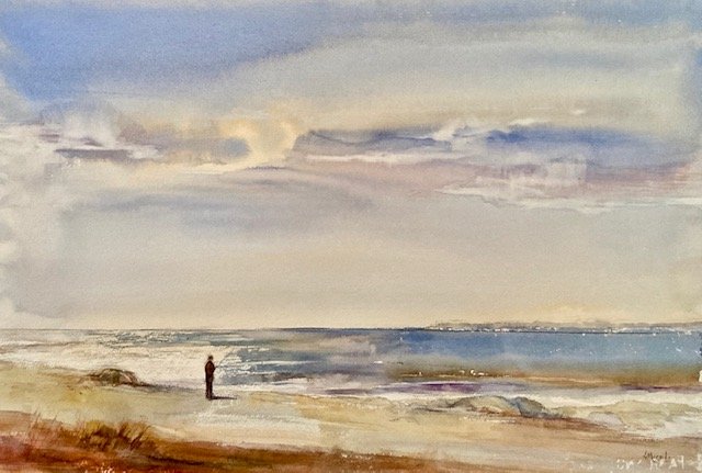 Late summer fisherman, Plein Air, 15X 22", at 1515 Lincoln Gallery